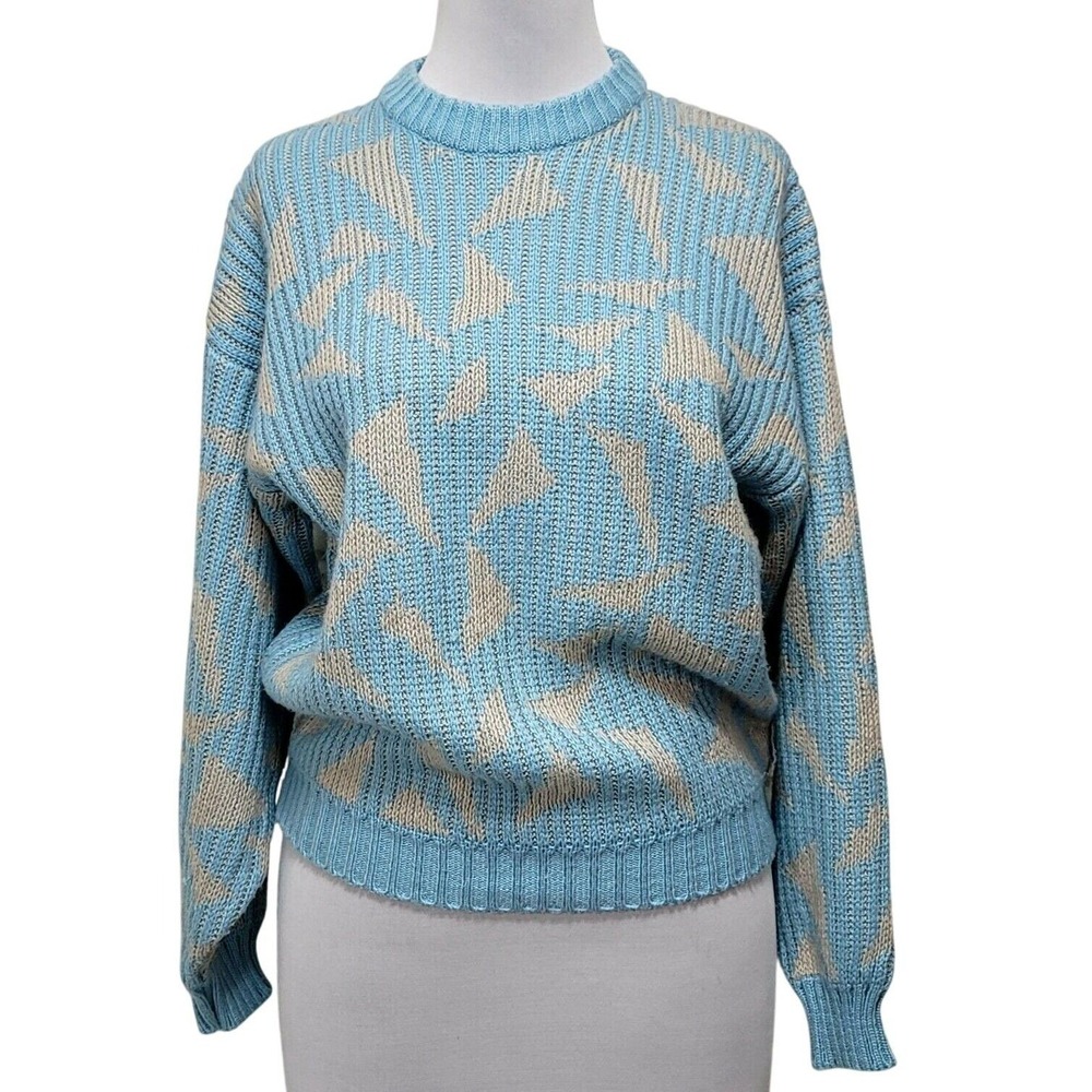 Saturdays‎ Vintage 80s Blue Beige Geometric Ribbed Knit Crewneck Sweater M